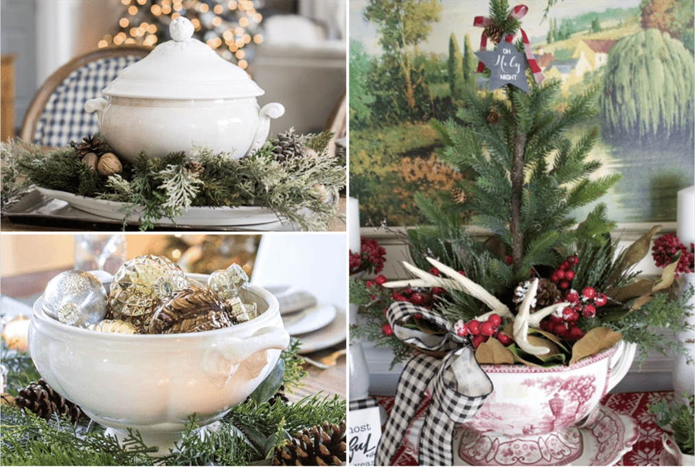 various shots of the white tureen in a christmas setting