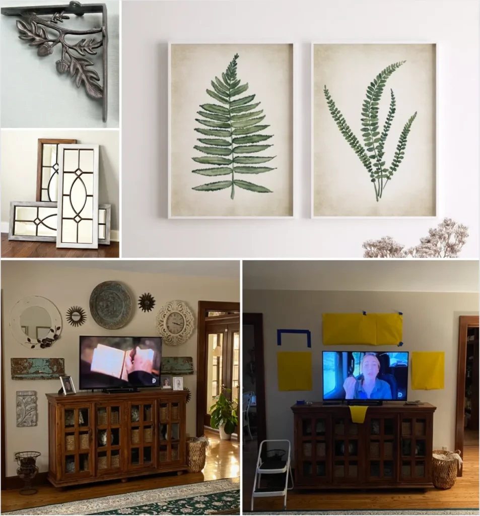 leaf prints on wall, and paintings around television